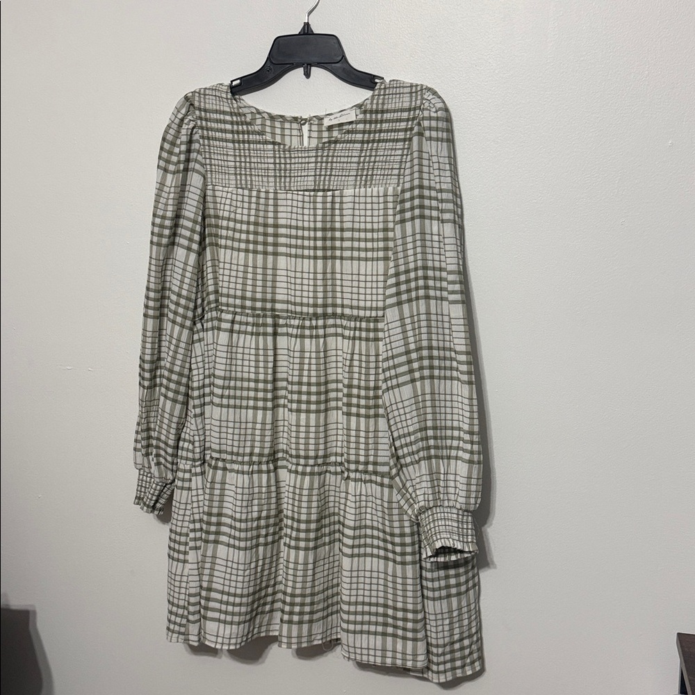 By The River, Anthropology Brand Gingham Sage Green White Dress View 3